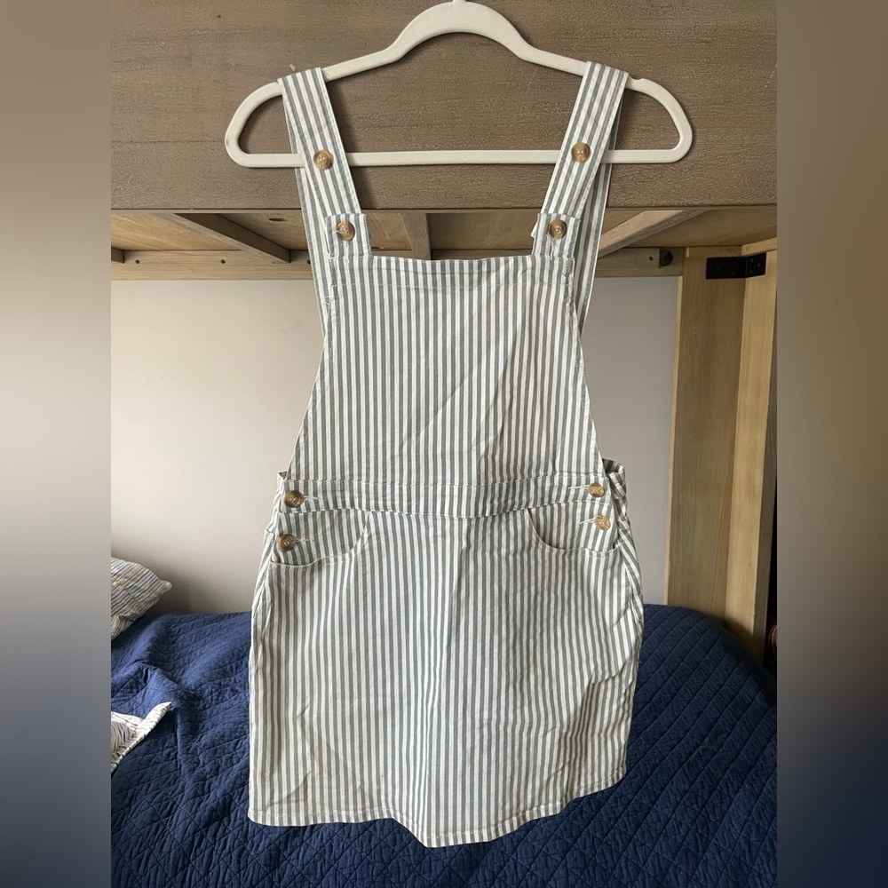 Striped Overall Dress with Button Details